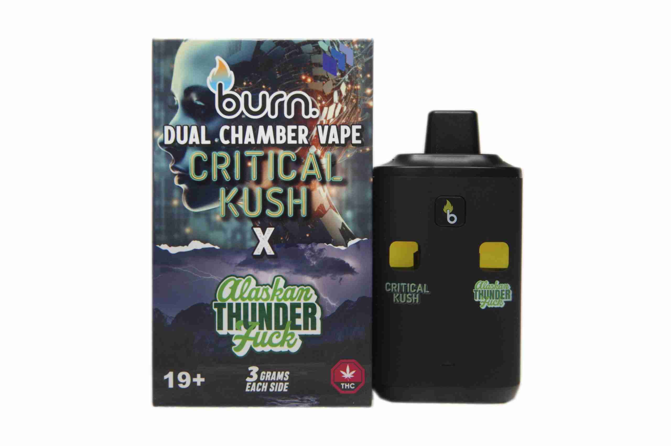 Burn Extracts - Dual Chamber Disposable Vape - Critical Kush + Alaskan Thunder Fuck (3+3 Gram) - West Coast Cannabis Burn Extracts - Dual Chamber Disposable Vape - Critical Kush + Alaskan Thunder Fuck (3+3 Gram) - West Coast Cannabis