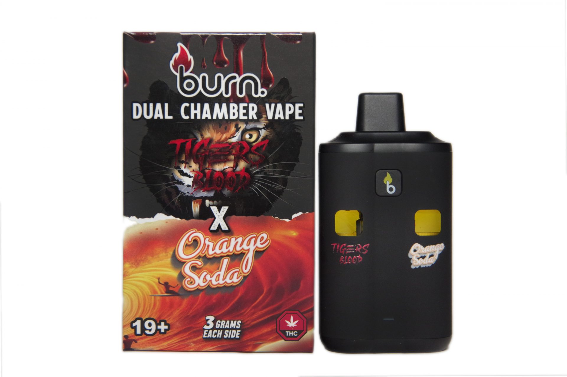 Burn Extracts - Dual Chamber Disposable Vape - Tiger Blood + Orange Soda (3+3 Gram) - West Coast Cannabis Burn Extracts - Dual Chamber Disposable Vape - Tiger Blood + Orange Soda (3+3 Gram) - West Coast Cannabis