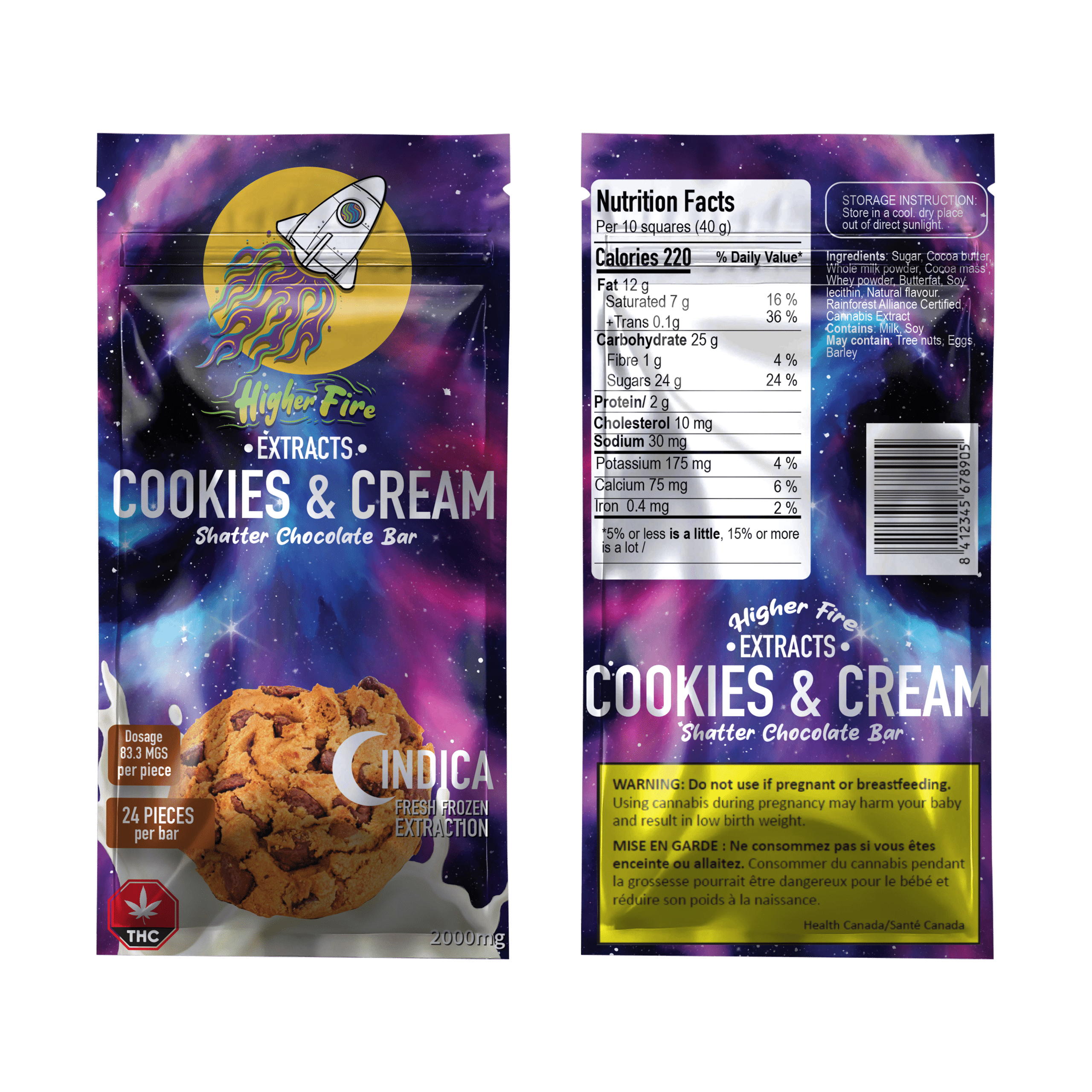 Higher Fire Extracts - Shatter Chocolate Bar - Cookies and Cream 1000mg THC (Indica) - West Coast Cannabis Higher Fire Extracts - Shatter Chocolate Bar - Cookies and Cream 1000mg THC (Indica) - West Coast Cannabis