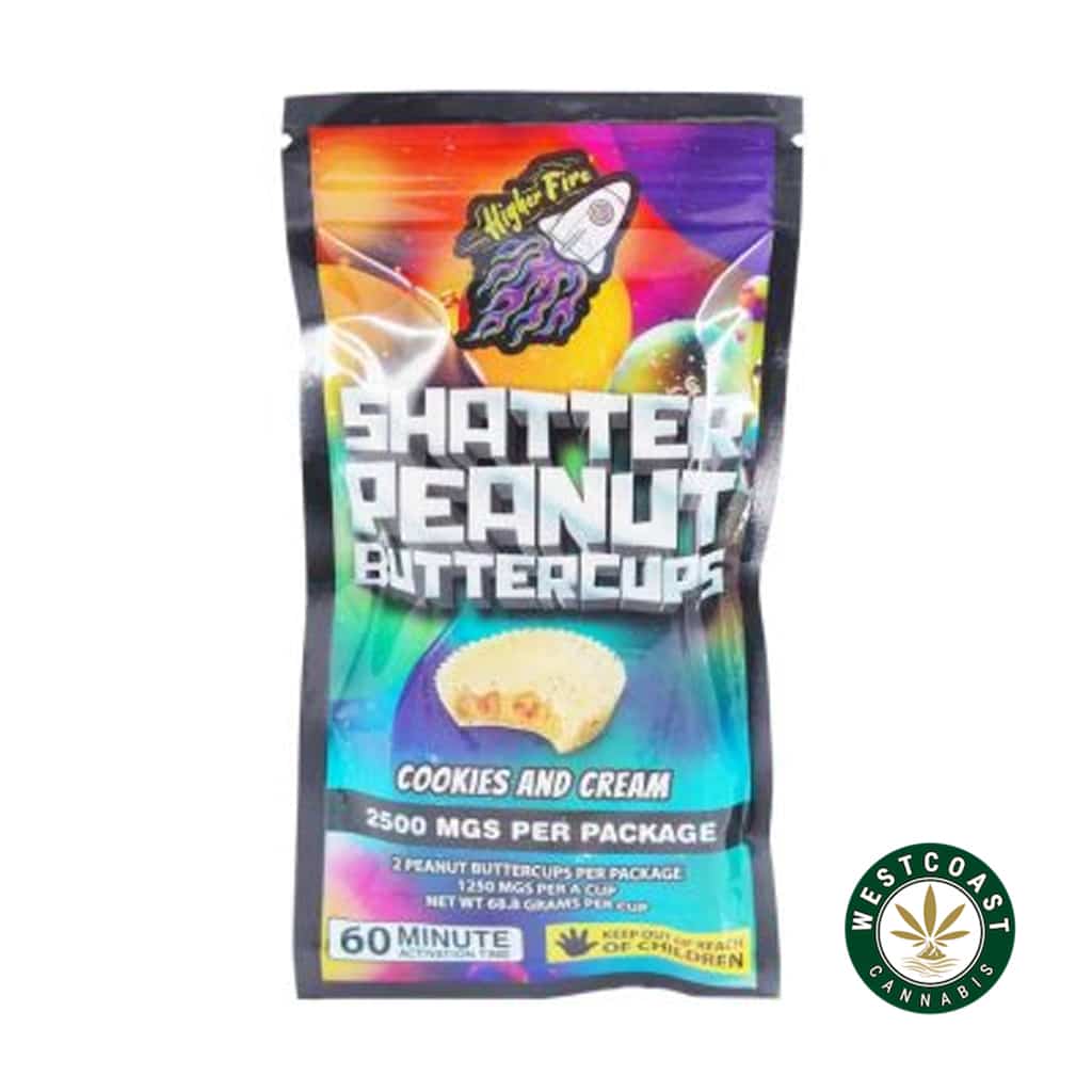 Higher Fire Extracts - Shatter Peanut Butter Chocolate Cups - Cookies and Cream 2500mg THC - West Coast Cannabis Higher Fire Extracts - Shatter Peanut Butter Chocolate Cups - Cookies and Cream 2500mg THC - West Coast Cannabis