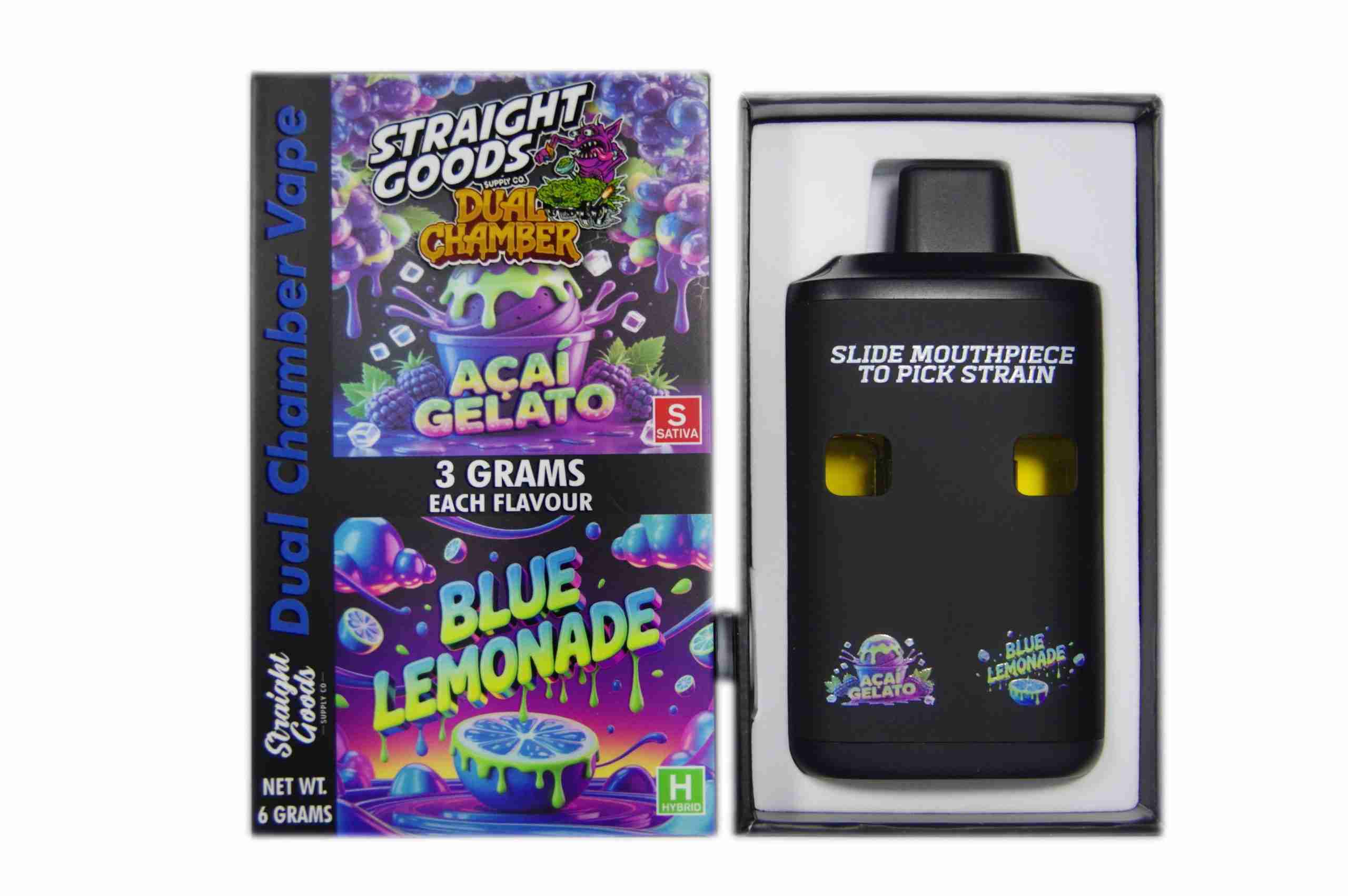Straight Goods - Dual Chamber Vape - Acai Gelato + Blue Lemonade (3 Grams + 3 Grams) - West Coast Cannabis Straight Goods - Dual Chamber Vape - Acai Gelato + Blue Lemonade (3 Grams + 3 Grams) - West Coast Cannabis