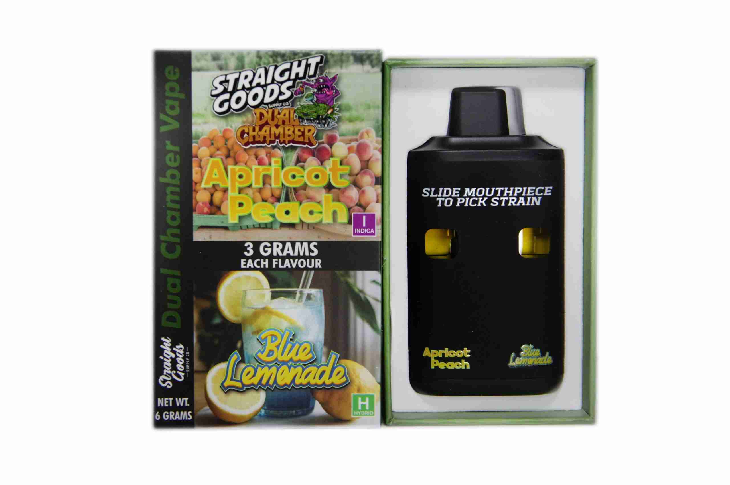 Straight Goods - Dual Chamber Vape - Apricot Peach + Blue Lemonade (3 Grams + 3 Grams) - West Coast Cannabis Straight Goods - Dual Chamber Vape - Apricot Peach + Blue Lemonade (3 Grams + 3 Grams) - West Coast Cannabis