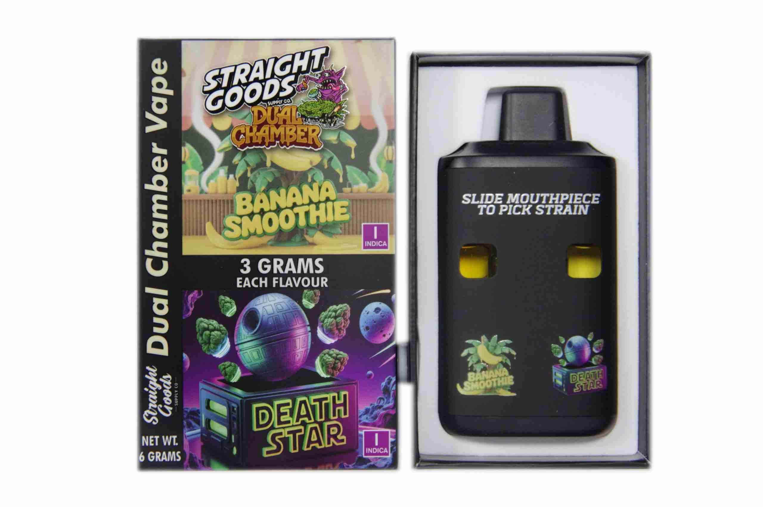 Straight Goods - Dual Chamber Vape - Banana Smoothie + Death Star (3 Grams + 3 Grams) - West Coast Cannabis Straight Goods - Dual Chamber Vape - Banana Smoothie + Death Star (3 Grams + 3 Grams) - West Coast Cannabis