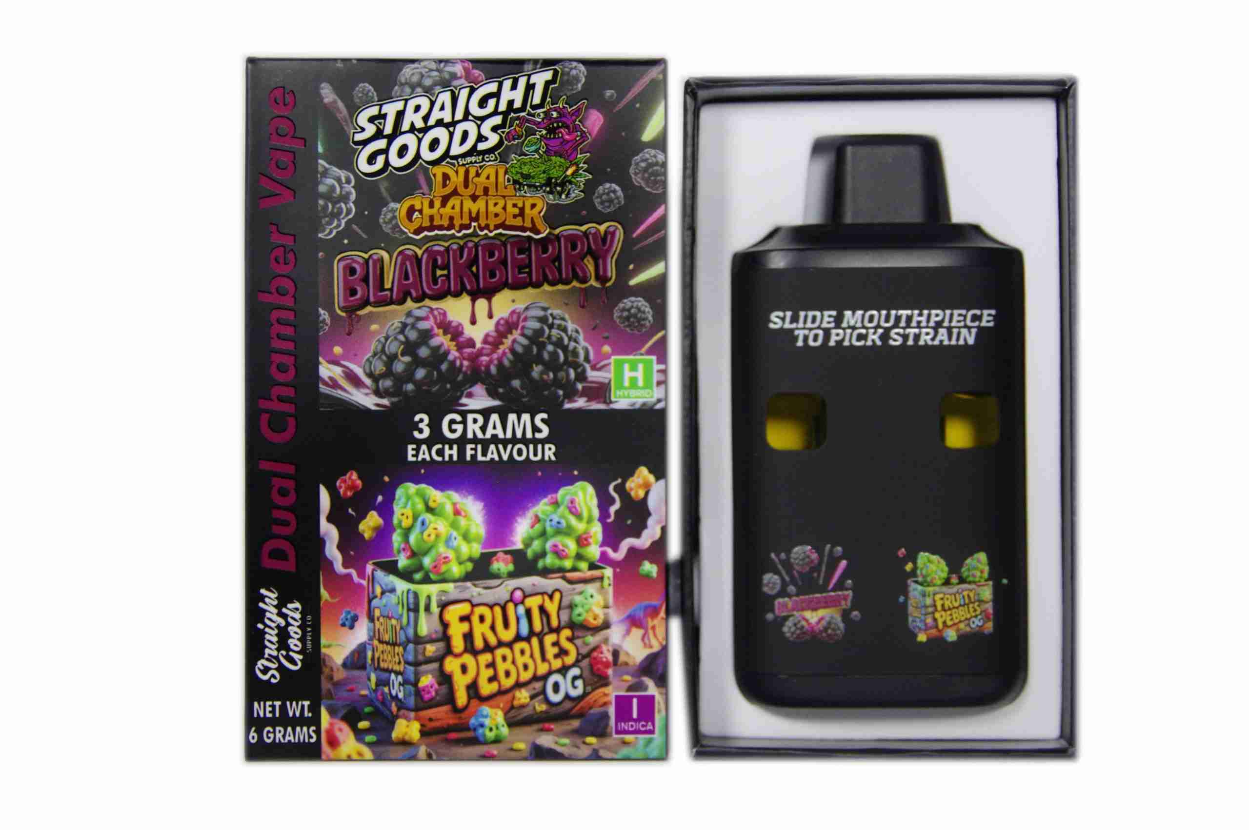 Straight Goods - Dual Chamber Vape - Blackberry + Fruity Pebbles OG (3 Grams + 3 Grams) - West Coast Cannabis Straight Goods - Dual Chamber Vape - Blackberry + Fruity Pebbles OG (3 Grams + 3 Grams) - West Coast Cannabis