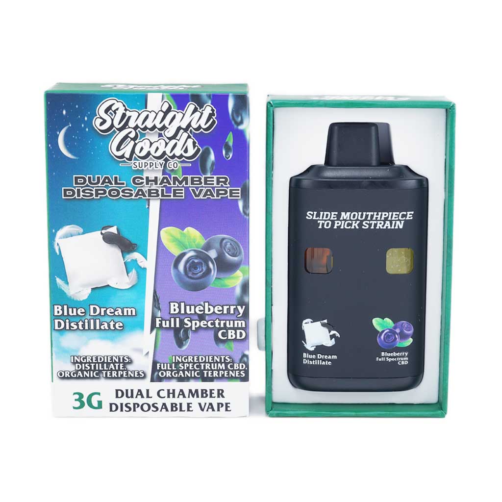 Straight Goods - Dual Chamber Vape - Blue Dream + Blueberry Full Spectrum CBD (3 Grams + 3 Grams) - West Coast Cannabis Straight Goods - Dual Chamber Vape - Blue Dream + Blueberry Full Spectrum CBD (3 Grams + 3 Grams) - West Coast Cannabis