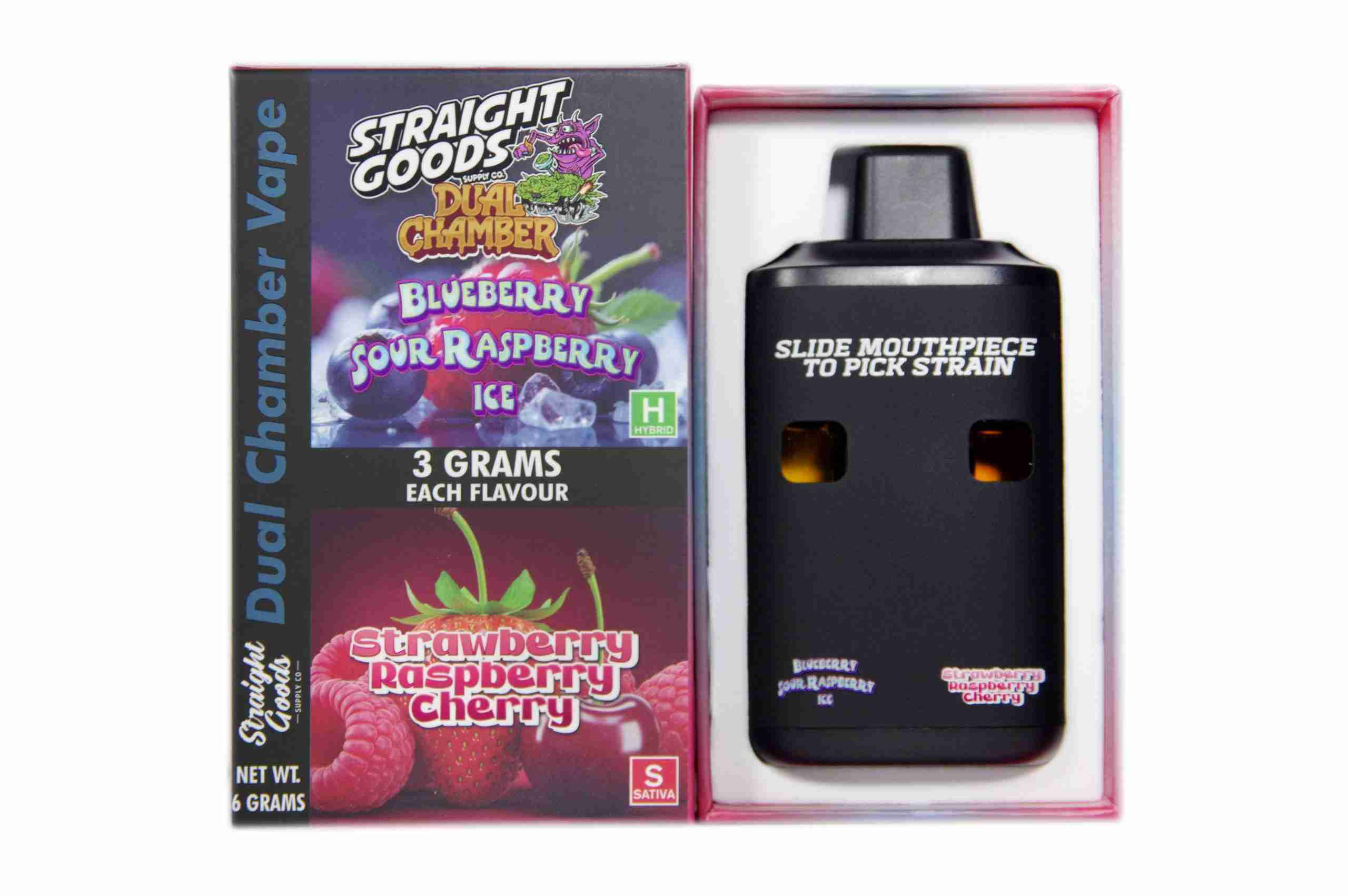 Straight Goods - Dual Chamber Vape - Blueberry Sour Raspberry Ice + Strawberry Raspberry Cherry (3 Grams + 3 Grams) - West Coast Cannabis Straight Goods - Dual Chamber Vape - Blueberry Sour Raspberry Ice + Strawberry Raspberry Cherry (3 Grams + 3 Grams) - West Coast Cannabis