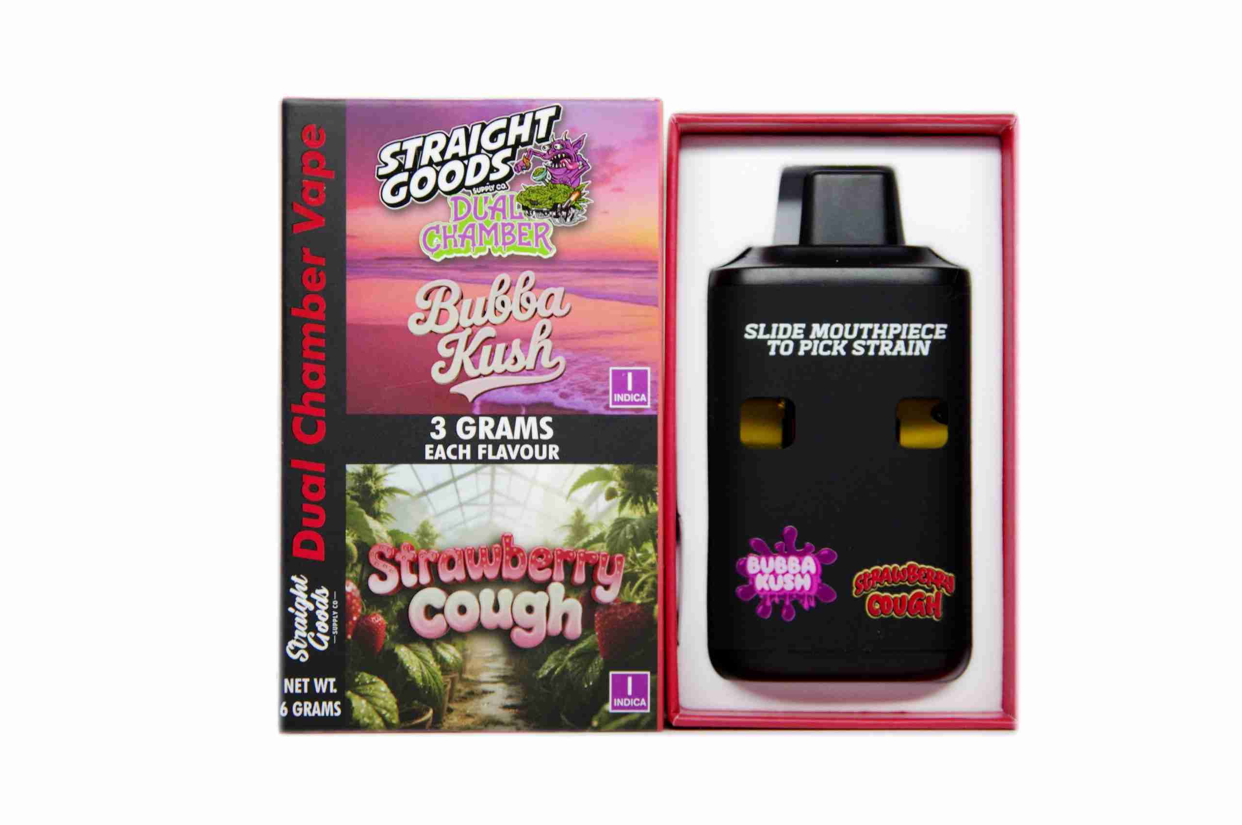 Straight Goods - Dual Chamber Vape - Bubba Kush + Strawberry Cough (3+3 Gram) - West Coast Cannabis Straight Goods - Dual Chamber Vape - Bubba Kush + Strawberry Cough (3+3 Gram) - West Coast Cannabis