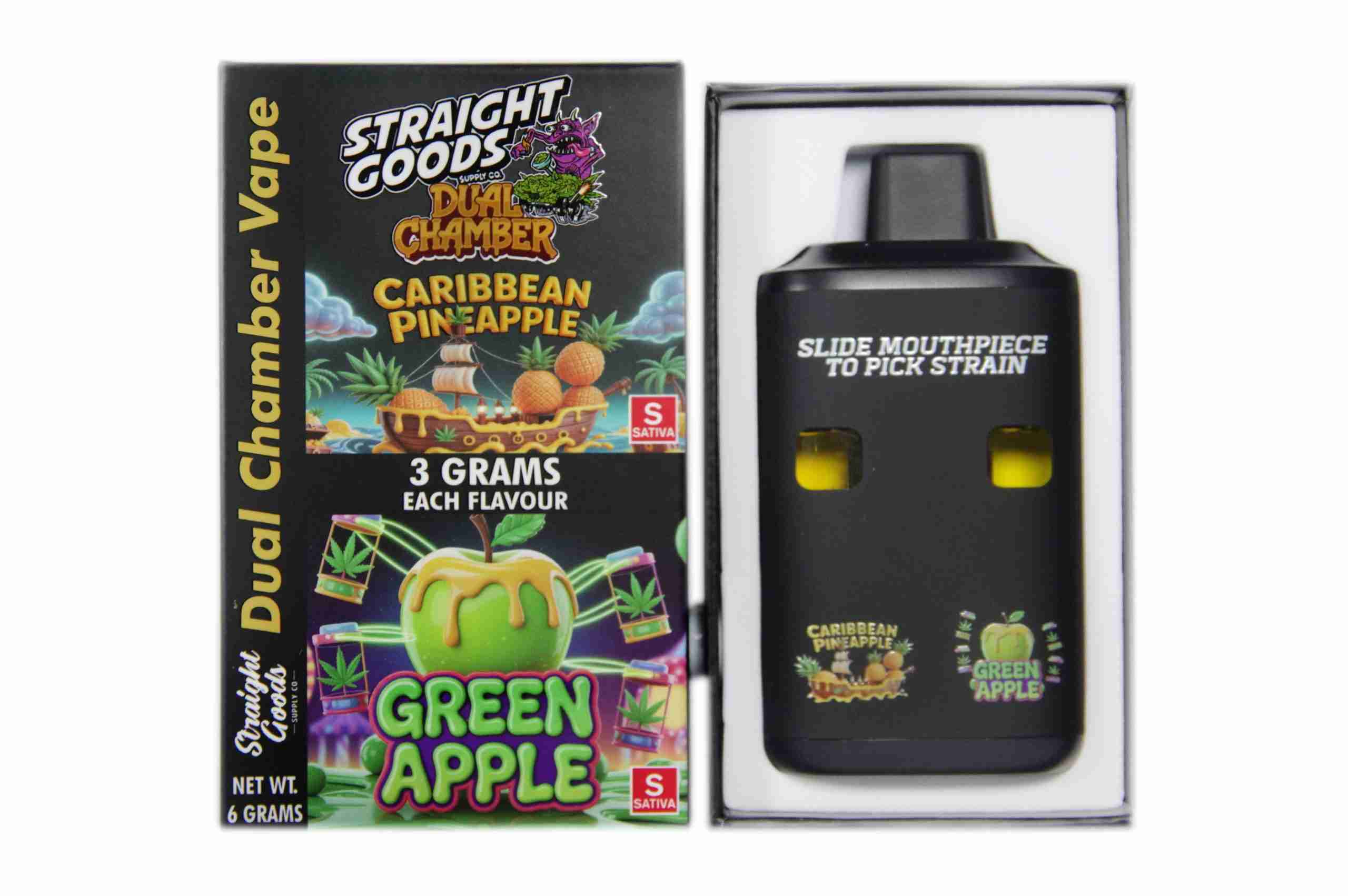 Straight Goods - Dual Chamber Vape - Caribbean Pineapple + Green Apple (3 Grams + 3 Grams) - West Coast Cannabis Straight Goods - Dual Chamber Vape - Caribbean Pineapple + Green Apple (3 Grams + 3 Grams) - West Coast Cannabis