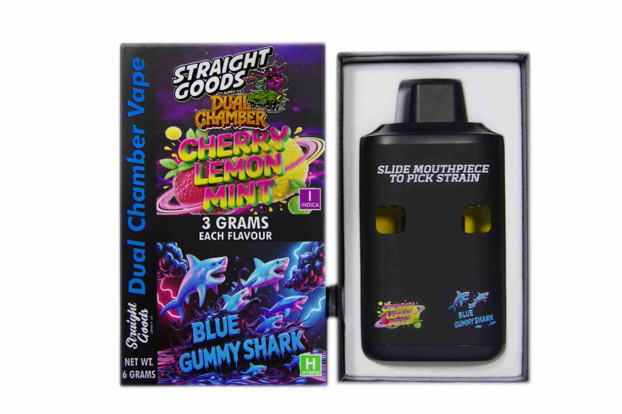 Straight Goods - Dual Chamber Vape - Cherry Lemon Mint + Blue Gummy Shark (3 Grams + 3 Grams) - West Coast Cannabis Straight Goods - Dual Chamber Vape - Cherry Lemon Mint + Blue Gummy Shark (3 Grams + 3 Grams) - West Coast Cannabis
