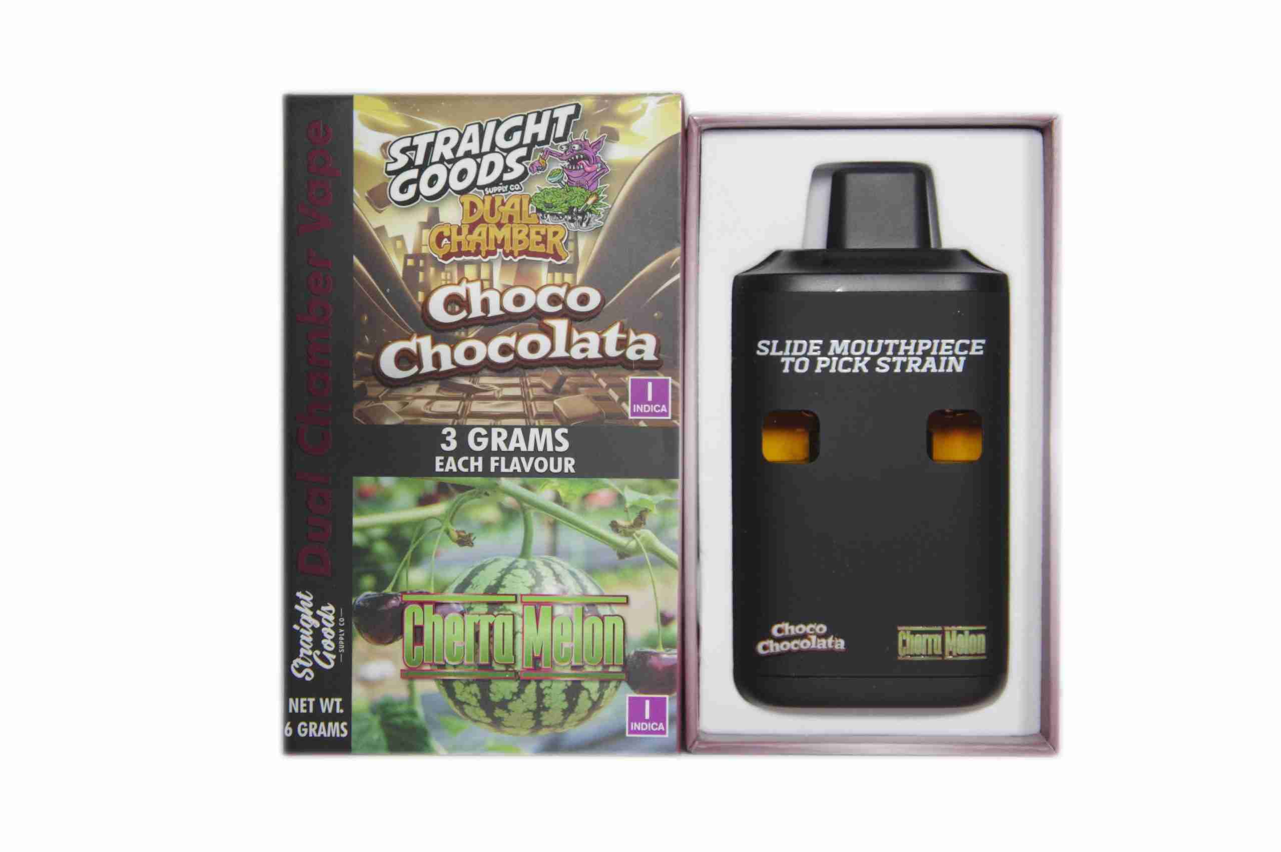 Straight Goods - Dual Chamber Vape - Choco Chocolata + Cherra Melon (3 Grams + 3 Grams) - West Coast Cannabis Straight Goods - Dual Chamber Vape - Choco Chocolata + Cherra Melon (3 Grams + 3 Grams) - West Coast Cannabis