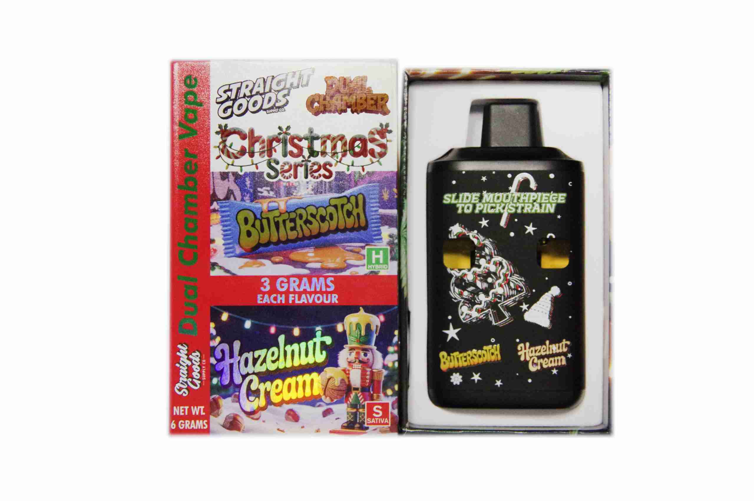 Straight Goods - Dual Chamber Vape - Christmas Series - Butterscotch + Hazelnut Cream (3 Grams + 3 Grams) - West Coast Cannabis Straight Goods - Dual Chamber Vape - Christmas Series - Butterscotch + Hazelnut Cream (3 Grams + 3 Grams) - West Coast Cannabis