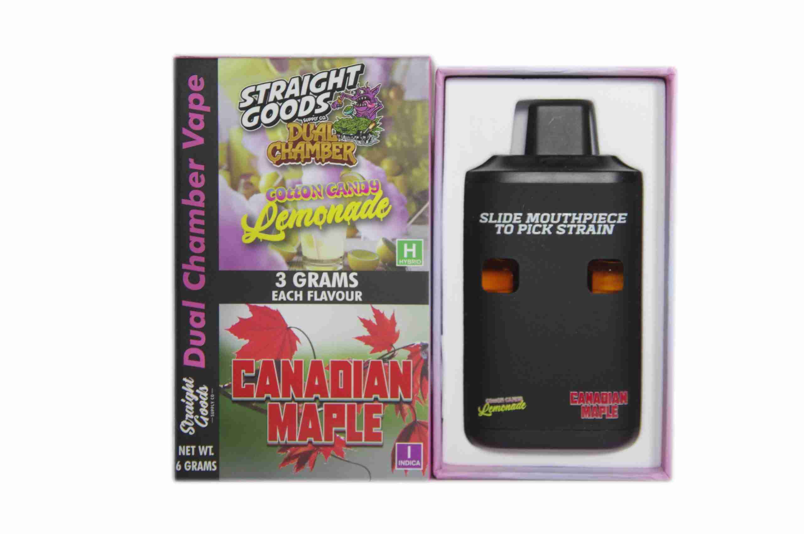 Straight Goods - Dual Chamber Vape - Cotton Candy Lemonade + Canadian Maple (3 Grams + 3 Grams) - West Coast Cannabis Straight Goods - Dual Chamber Vape - Cotton Candy Lemonade + Canadian Maple (3 Grams + 3 Grams) - West Coast Cannabis