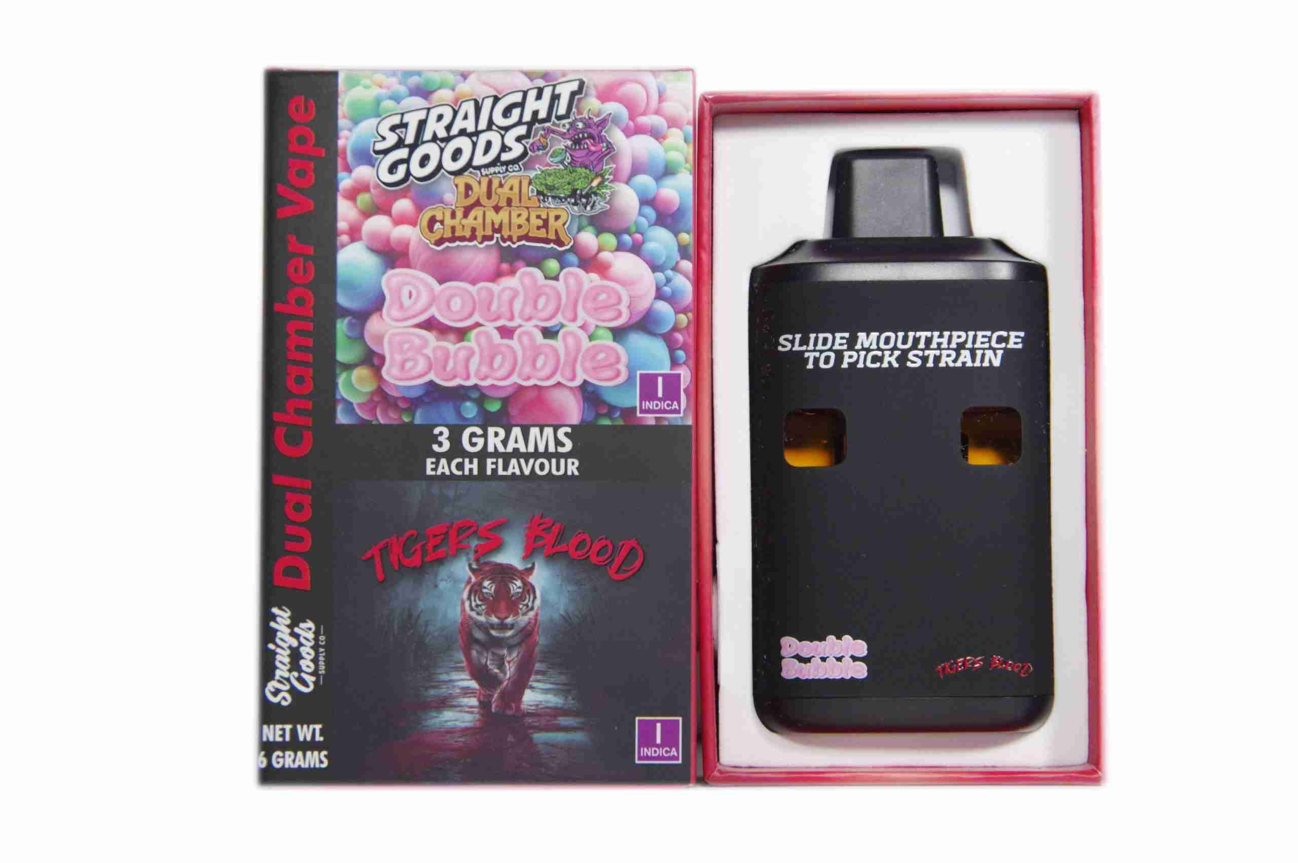 Straight Goods - Dual Chamber Vape - Double Bubble + Tigers Blood (3 Grams + 3 Grams) - West Coast Cannabis Straight Goods - Dual Chamber Vape - Double Bubble + Tigers Blood (3 Grams + 3 Grams) - West Coast Cannabis