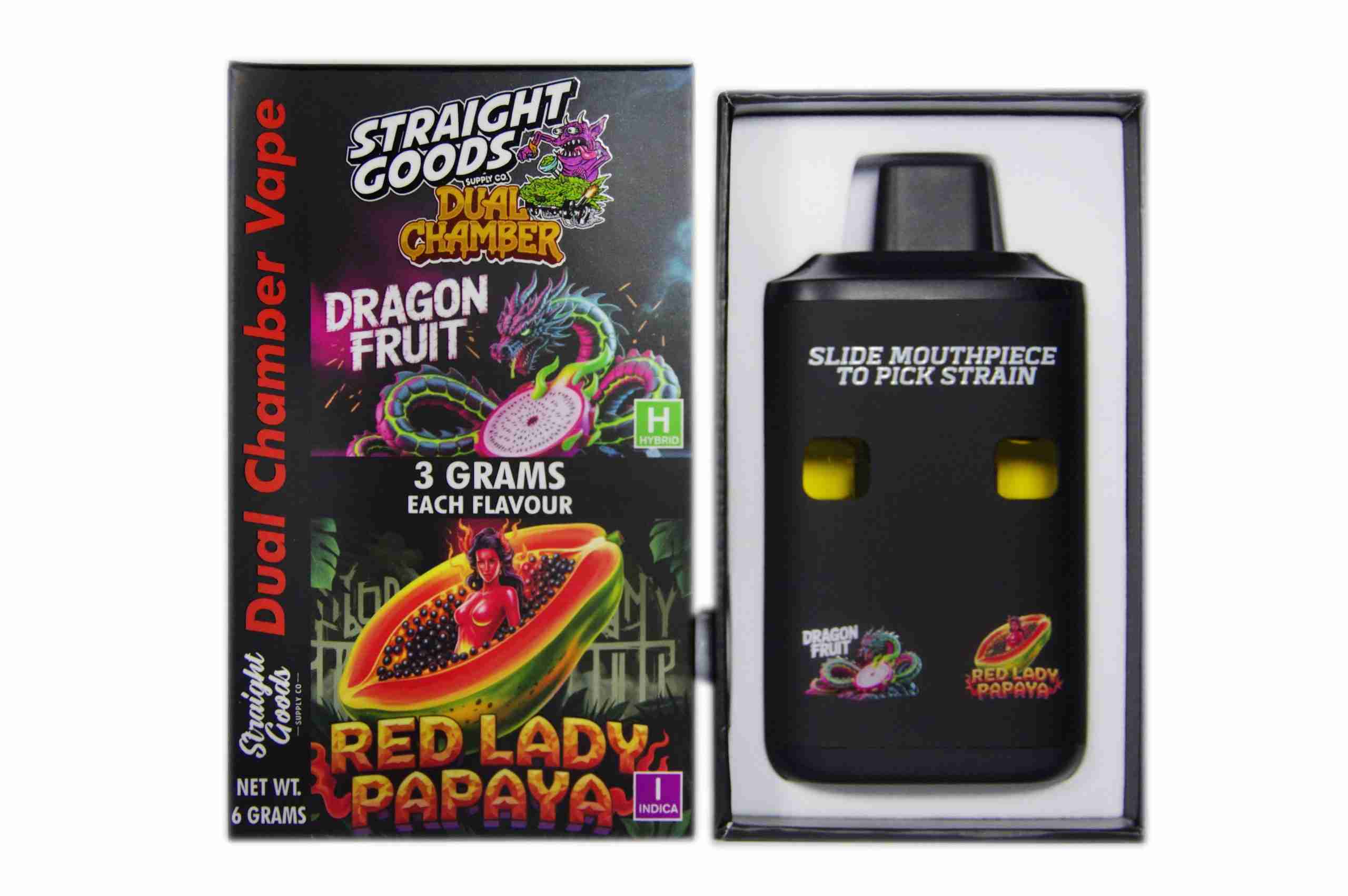 Straight Goods - Dual Chamber Vape - Dragon Fruit + Red Lady Papaya (3 Grams + 3 Grams) - West Coast Cannabis Straight Goods - Dual Chamber Vape - Dragon Fruit + Red Lady Papaya (3 Grams + 3 Grams) - West Coast Cannabis