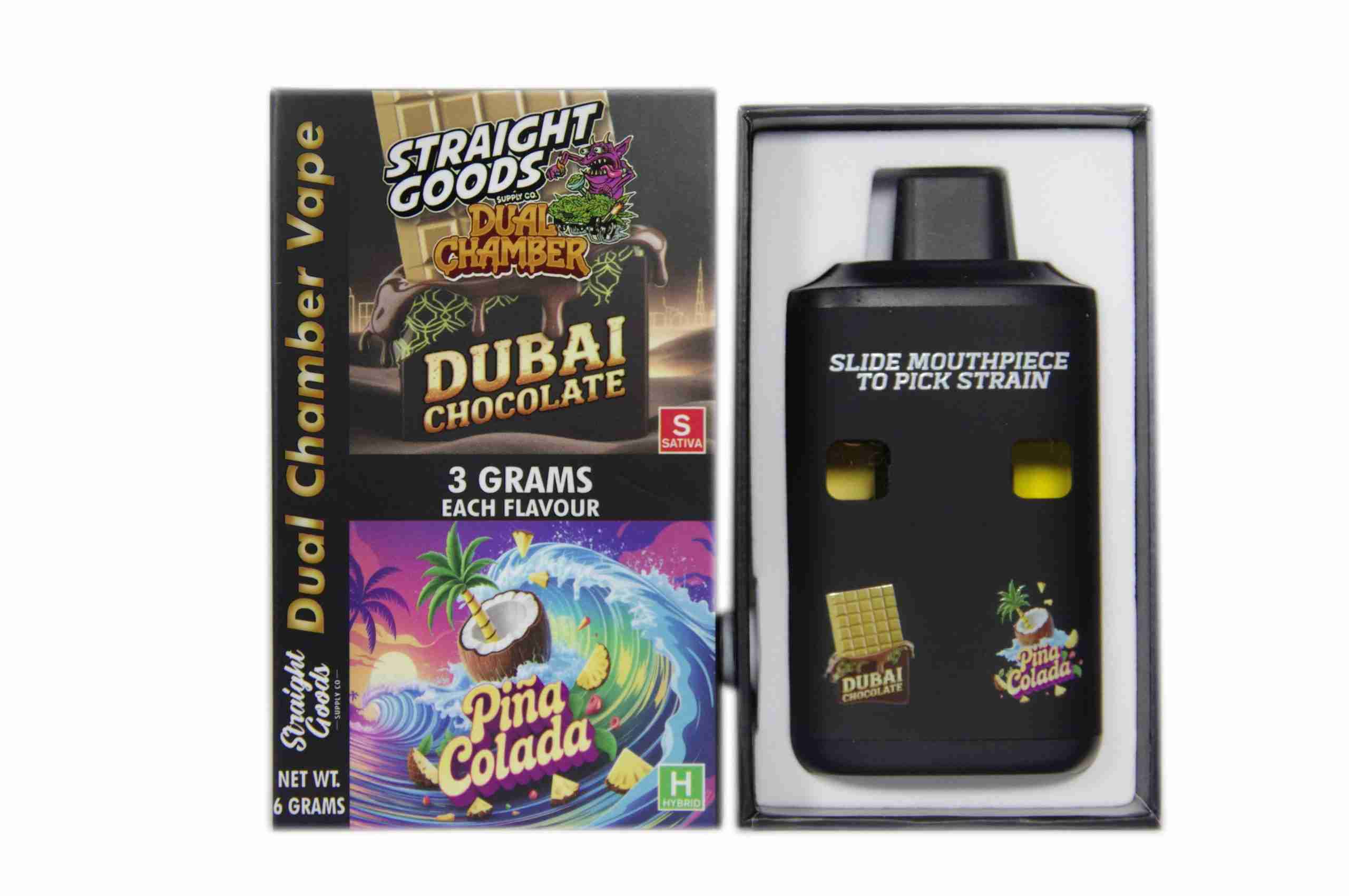 Straight Goods - Dual Chamber Vape - Dubai Chocolate + Pina Colada (3 Grams + 3 Grams) - West Coast Cannabis Straight Goods - Dual Chamber Vape - Dubai Chocolate + Pina Colada (3 Grams + 3 Grams) - West Coast Cannabis