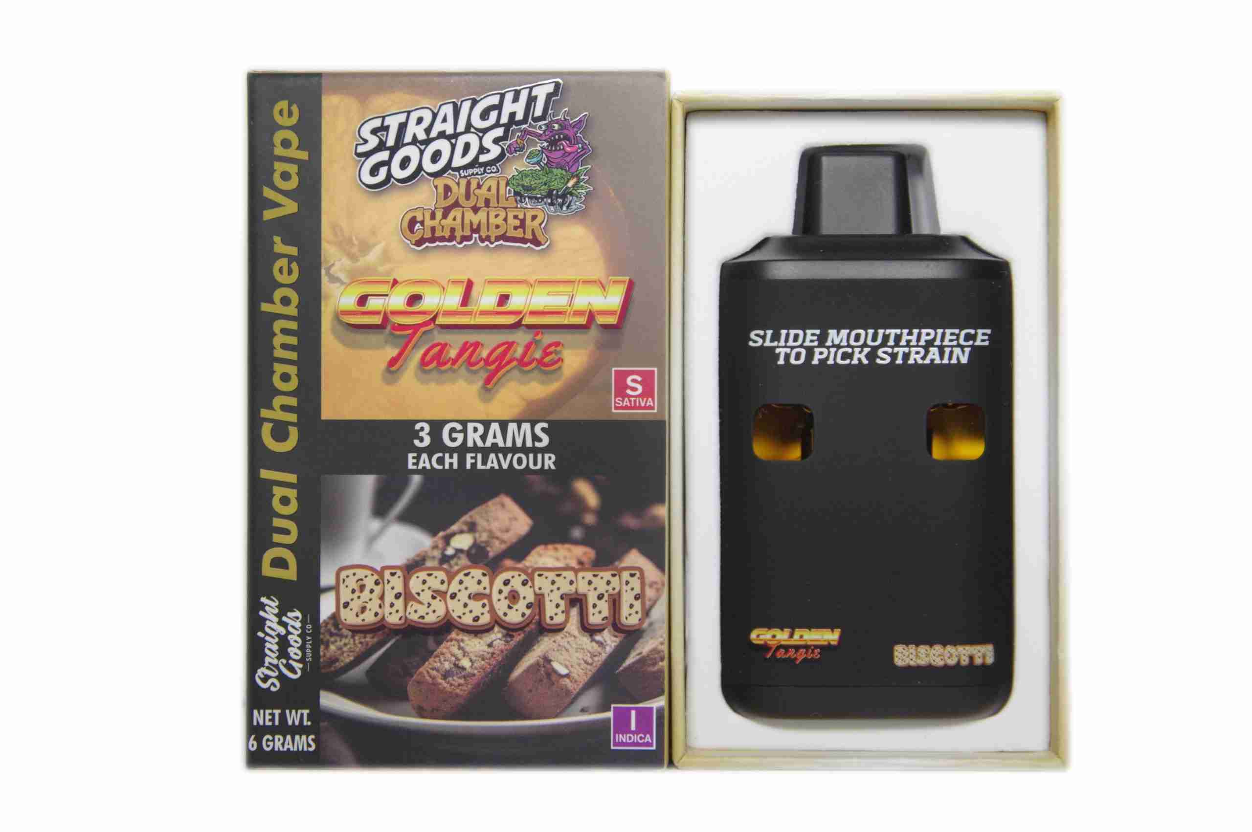 Straight Goods - Dual Chamber Vape - Golden Tangie + Biscotti (3 Grams + 3 Grams) - West Coast Cannabis Straight Goods - Dual Chamber Vape - Golden Tangie + Biscotti (3 Grams + 3 Grams) - West Coast Cannabis