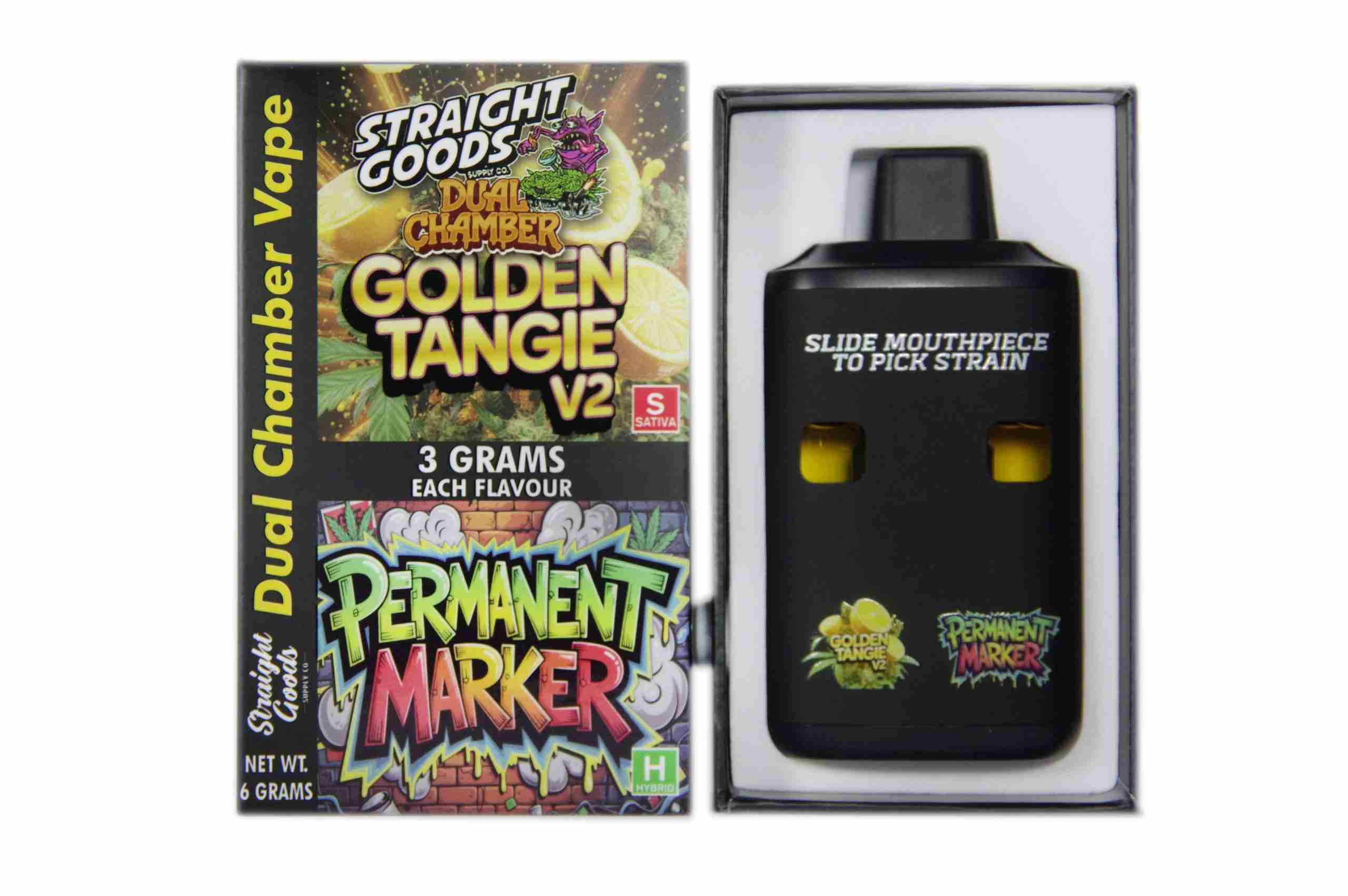Straight Goods - Dual Chamber Vape - Golden Tangie V2 + Permanent Marker (3 Grams + 3 Grams) - West Coast Cannabis Straight Goods - Dual Chamber Vape - Golden Tangie V2 + Permanent Marker (3 Grams + 3 Grams) - West Coast Cannabis