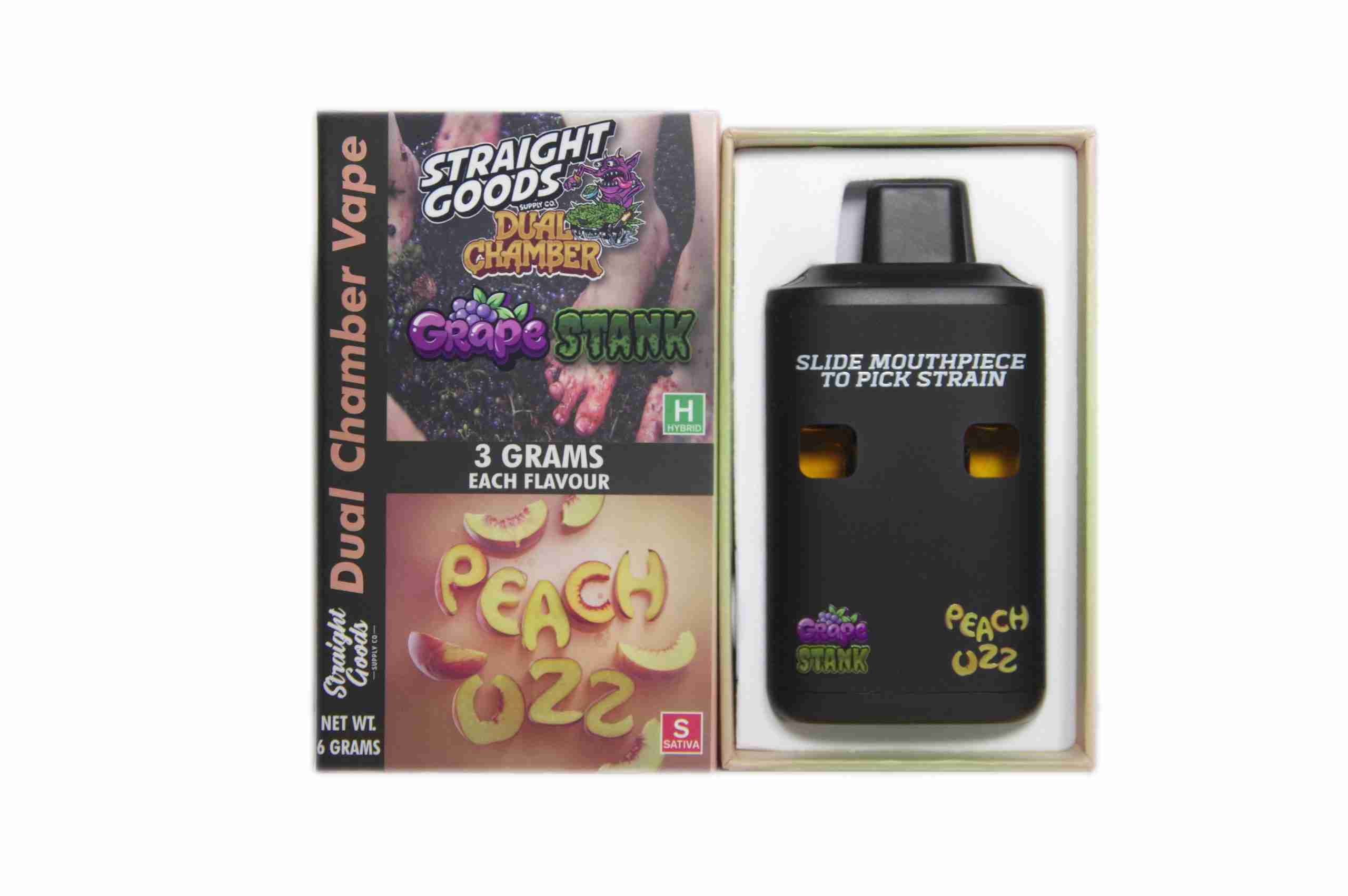 Straight Goods - Dual Chamber Vape - Grape Stank + Peach Ozz (3 Grams + 3 Grams) - West Coast Cannabis Straight Goods - Dual Chamber Vape - Grape Stank + Peach Ozz (3 Grams + 3 Grams) - West Coast Cannabis
