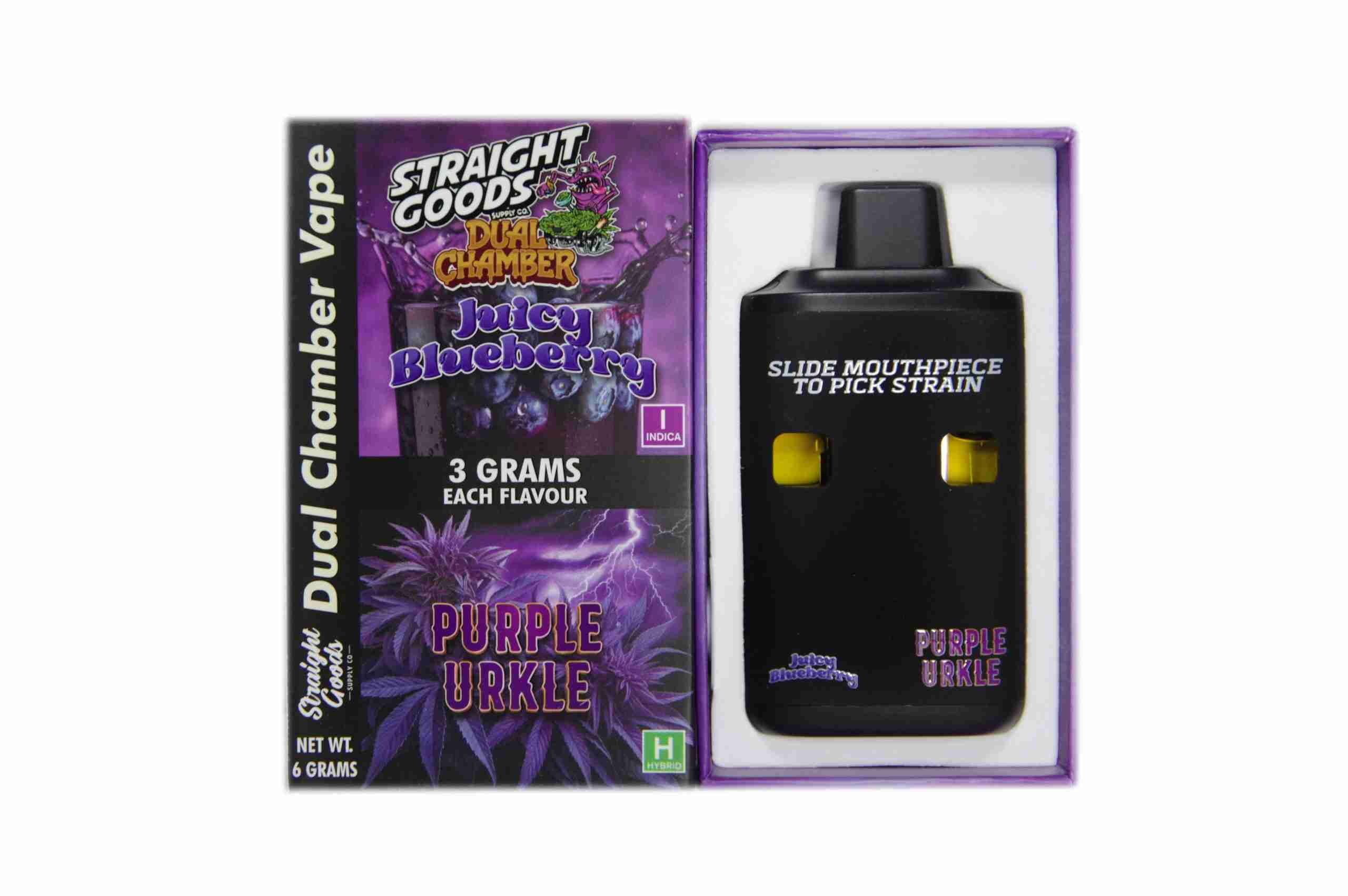 Straight Goods - Dual Chamber Vape - Juicy Blueberry x Purple Urkle (3 Grams + 3 Grams) - West Coast Cannabis Straight Goods - Dual Chamber Vape - Juicy Blueberry x Purple Urkle (3 Grams + 3 Grams) - West Coast Cannabis