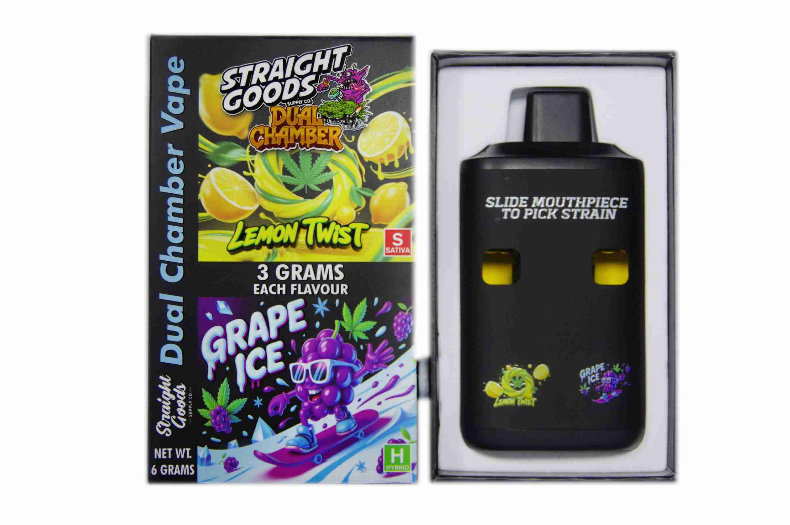 Straight Goods - Dual Chamber Vape - Lemon Twist + Grape Ice (3 Grams + 3 Grams) - West Coast Cannabis Straight Goods - Dual Chamber Vape - Lemon Twist + Grape Ice (3 Grams + 3 Grams) - West Coast Cannabis