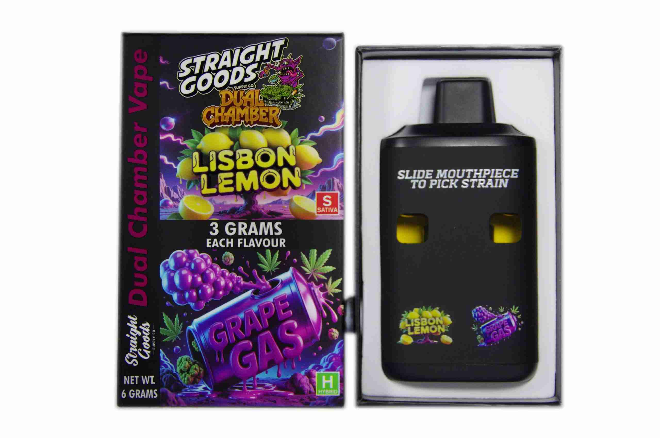 Straight Goods - Dual Chamber Vape - Lisbon Lemon + Grape Gas (3 Grams + 3 Grams) - West Coast Cannabis Straight Goods - Dual Chamber Vape - Lisbon Lemon + Grape Gas (3 Grams + 3 Grams) - West Coast Cannabis