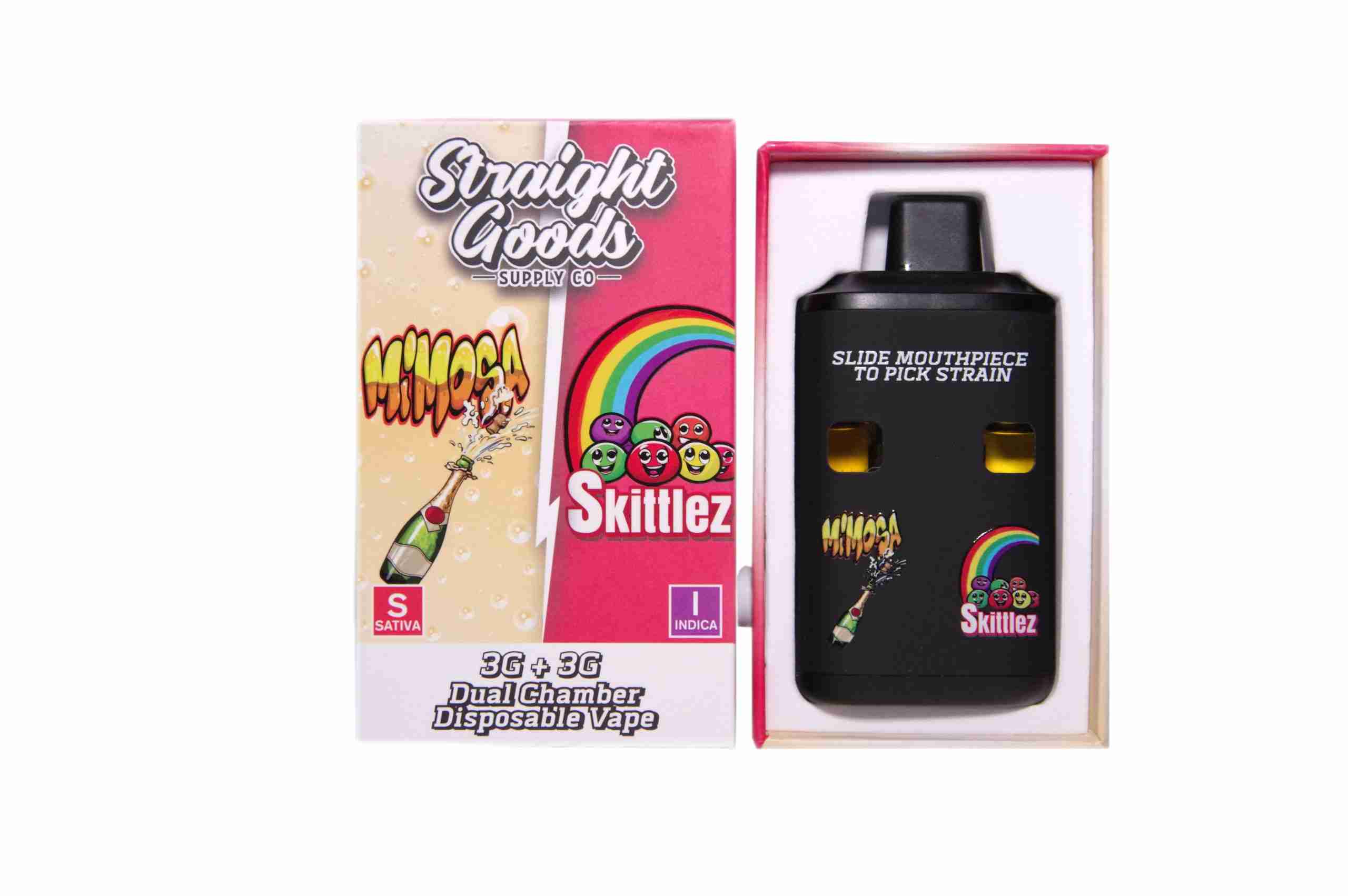 Straight Goods - Dual Chamber Vape - Mimosa + Skittlez (3 Grams + 3 Grams) - West Coast Cannabis Straight Goods - Dual Chamber Vape - Mimosa + Skittlez (3 Grams + 3 Grams) - West Coast Cannabis