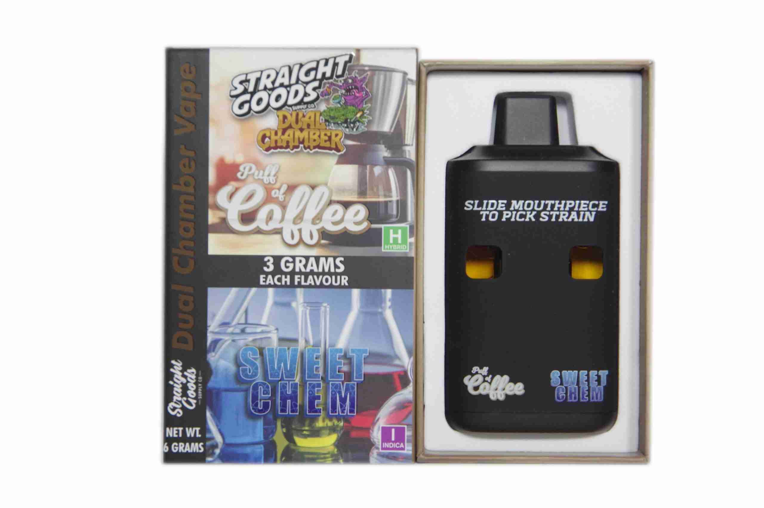 Straight Goods - Dual Chamber Vape - Puff of Coffee + Sweet Chem (3 Grams + 3 Grams) - West Coast Cannabis Straight Goods - Dual Chamber Vape - Puff of Coffee + Sweet Chem (3 Grams + 3 Grams) - West Coast Cannabis