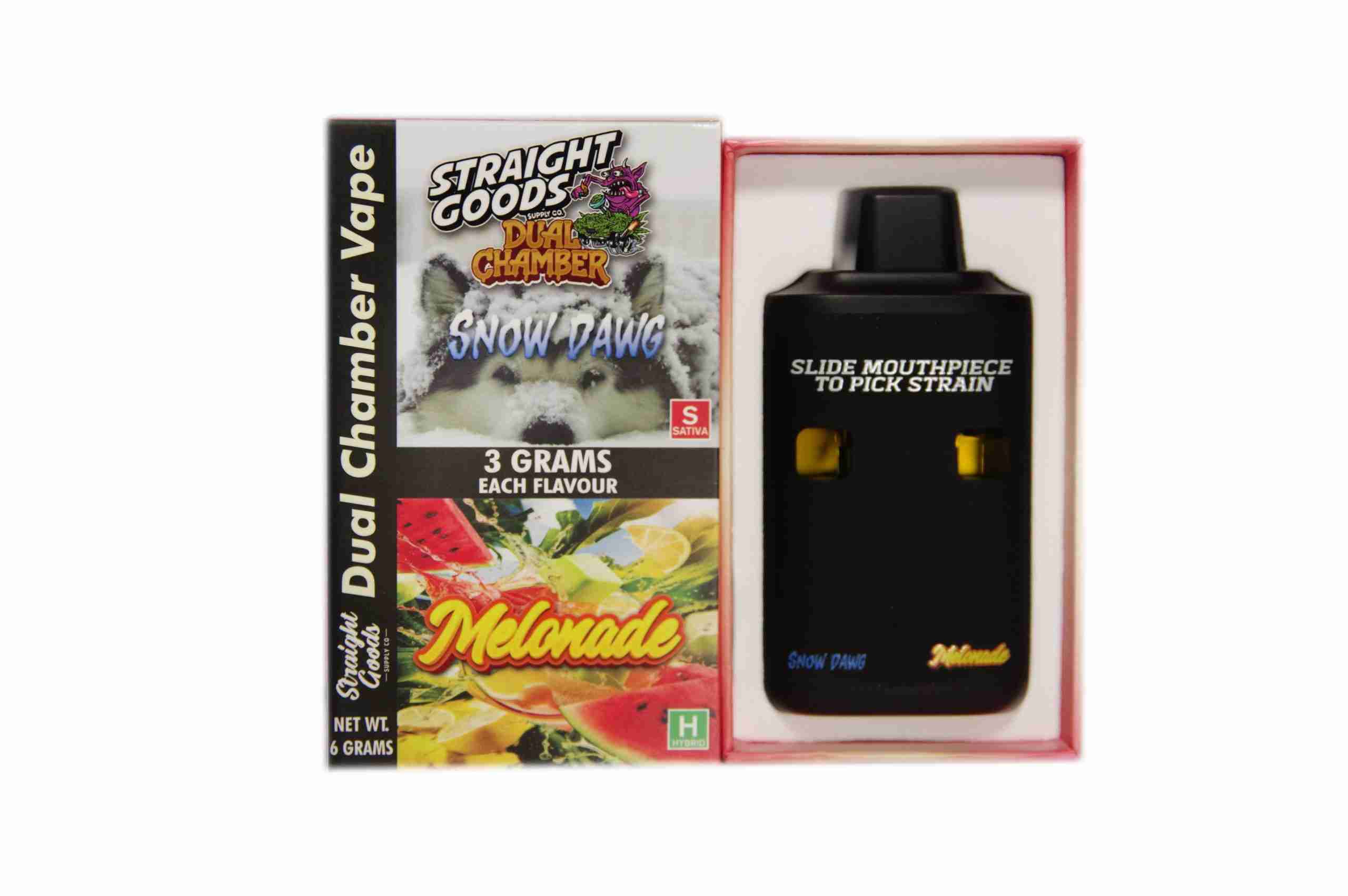 Straight Goods - Dual Chamber Vape - Snow Dawg + Melonade (3 Grams + 3 Grams) - West Coast Cannabis Straight Goods - Dual Chamber Vape - Snow Dawg + Melonade (3 Grams + 3 Grams) - West Coast Cannabis