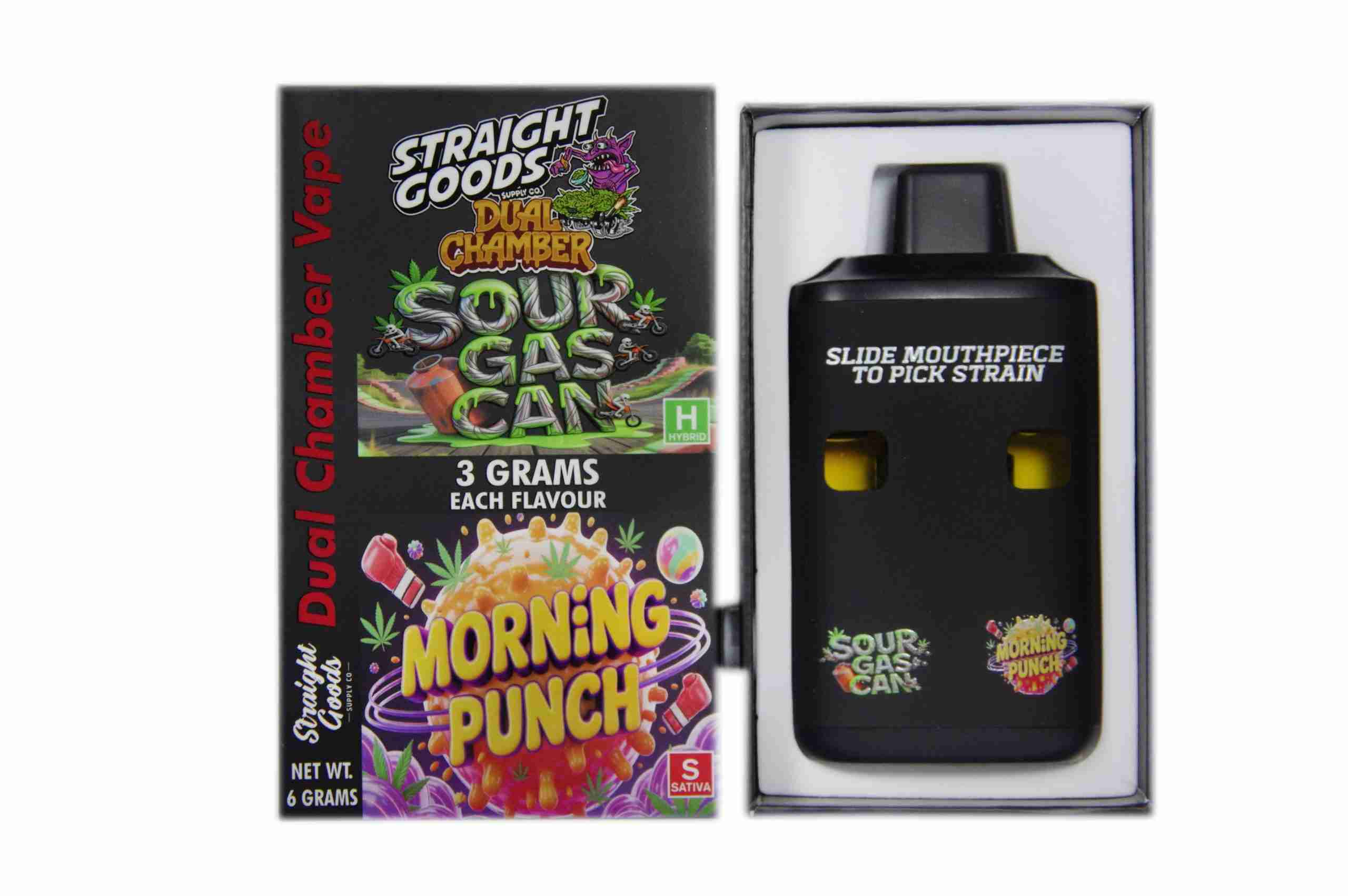 Straight Goods - Dual Chamber Vape - Sour Gascan + Morning Punch (3 Grams + 3 Grams) - West Coast Cannabis Straight Goods - Dual Chamber Vape - Sour Gascan + Morning Punch (3 Grams + 3 Grams) - West Coast Cannabis