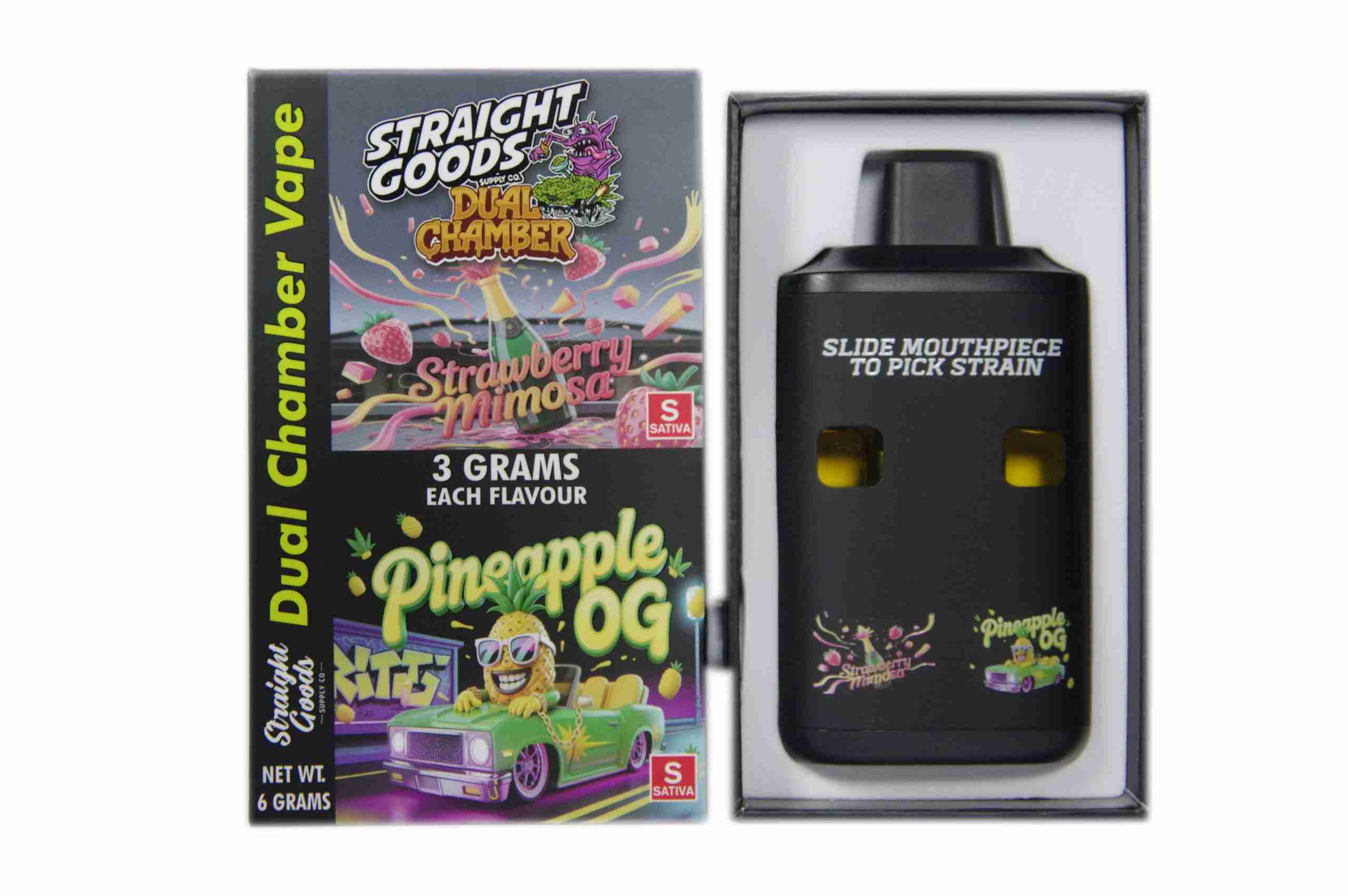 Straight Goods - Dual Chamber Vape - Strawberry Mimosa + Pineapple OG (3 Grams + 3 Grams) - West Coast Cannabis Straight Goods - Dual Chamber Vape - Strawberry Mimosa + Pineapple OG (3 Grams + 3 Grams) - West Coast Cannabis