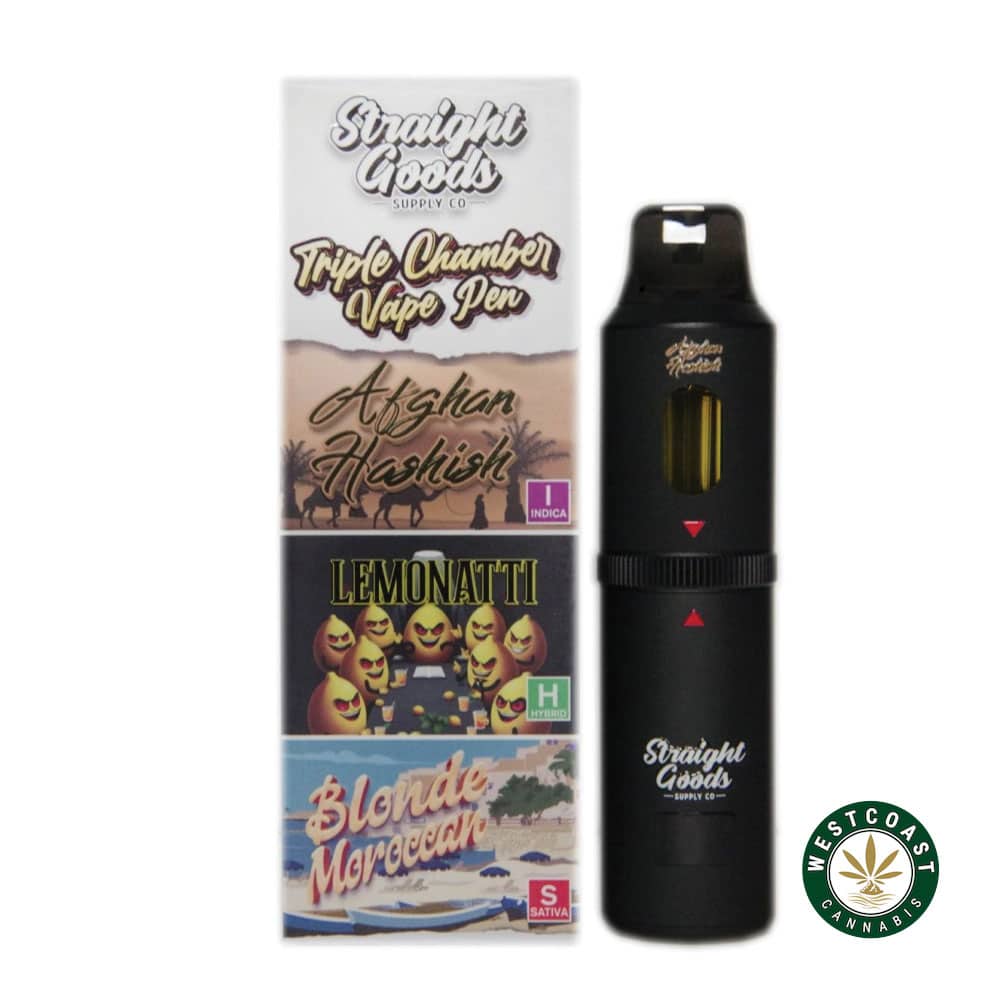 Straight Goods - Triple Chamber Vape - Afghan Hashish + Lemonatti + Blonde Moroccan (3 Grams + 3 Grams + 3 Gram) - West Coast Cannabis Straight Goods - Triple Chamber Vape - Afghan Hashish + Lemonatti + Blonde Moroccan (3 Grams + 3 Grams + 3 Gram) - West Coast Cannabis
