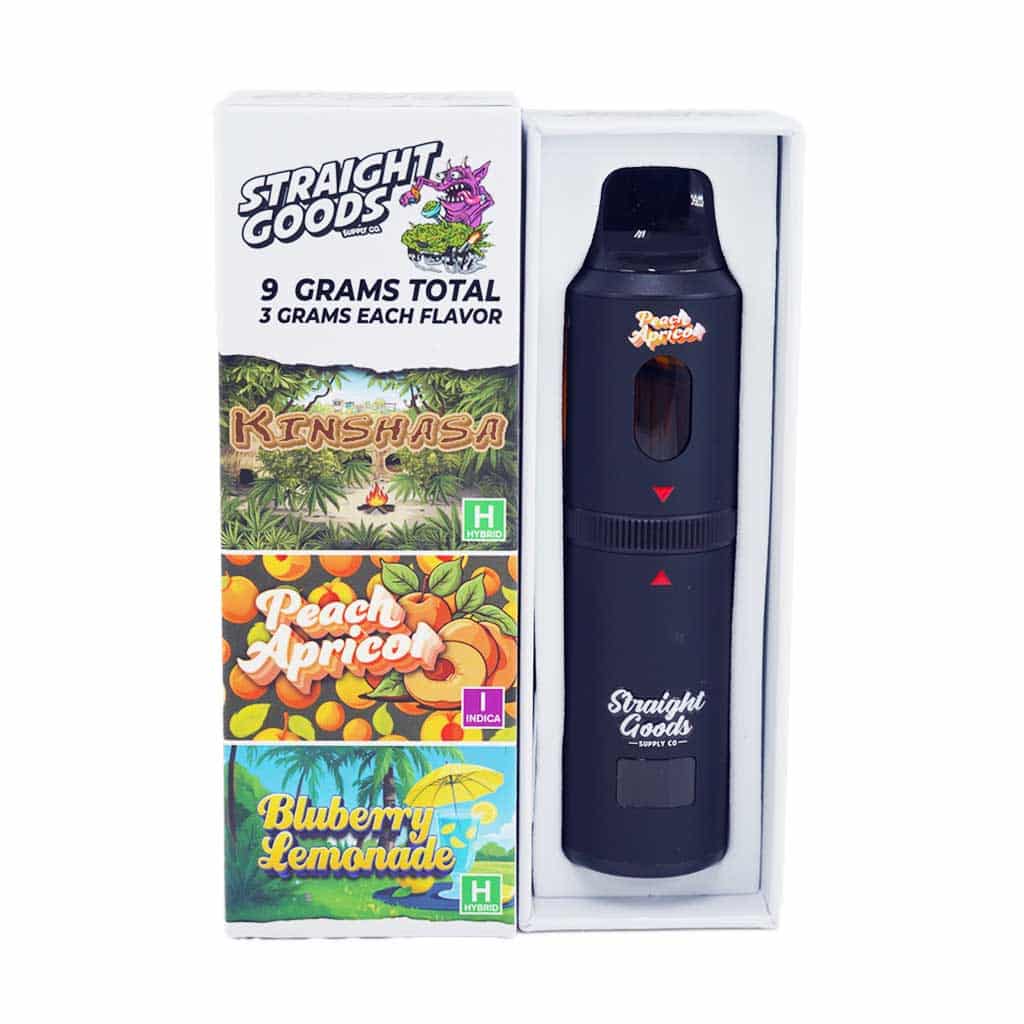 Straight Goods - Triple Chamber Vape - Kinshasa + Peach Apricot + Blueberry Lemonade (3 Grams + 3 Grams + 3 Gram) - West Coast Cannabis Straight Goods - Triple Chamber Vape - Kinshasa + Peach Apricot + Blueberry Lemonade (3 Grams + 3 Grams + 3 Gram) - West Coast Cannabis