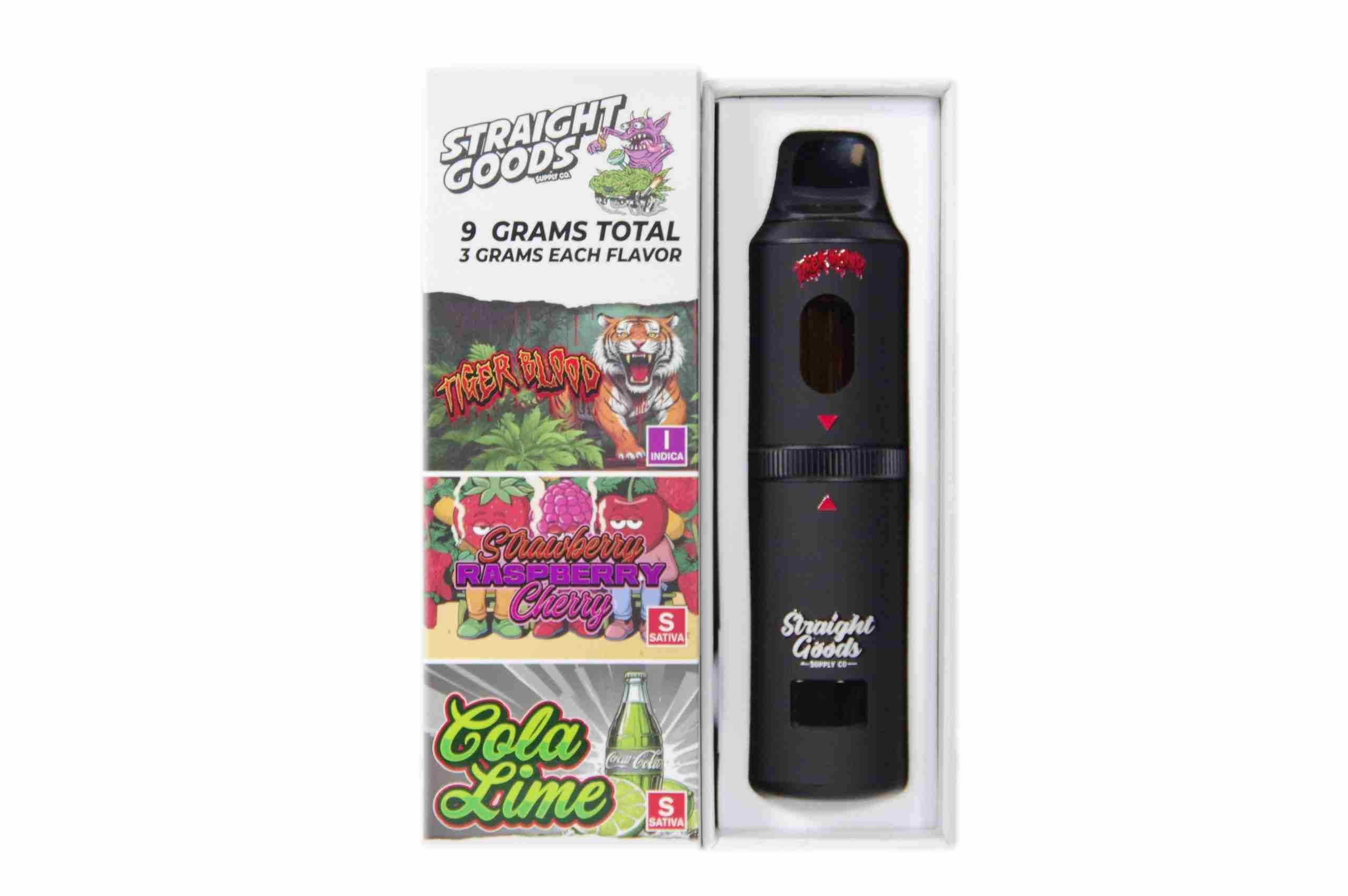 Straight Goods - Triple Chamber Vape - Tiger Blood + Strawberry Raspberry Cherry + Cola Lime (3 Grams + 3 Grams + 3 Gram) - West Coast Cannabis Straight Goods - Triple Chamber Vape - Tiger Blood + Strawberry Raspberry Cherry + Cola Lime (3 Grams + 3 Grams + 3 Gram) - West Coast Cannabis