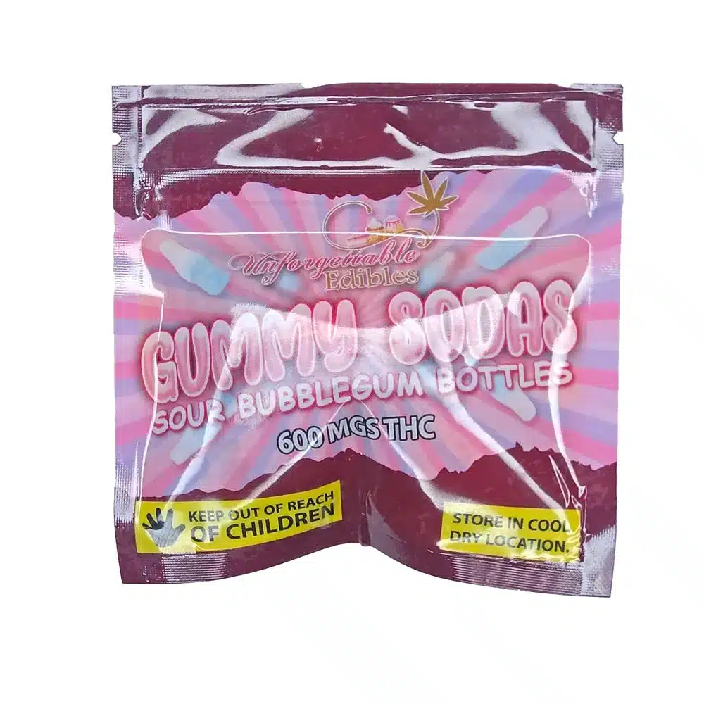 Unforgettable Edibles – Gummy Sodas Sour Bubblegum Bottles 600mg THC - West Coast Cannabis Unforgettable Edibles – Gummy Sodas Sour Bubblegum Bottles 600mg THC - West Coast Cannabis